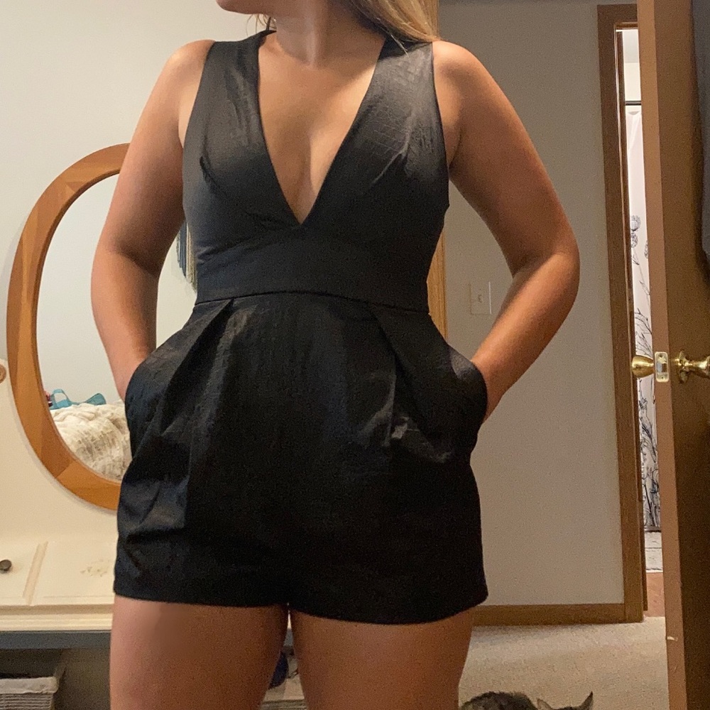Black satin “snakeskin/crocodile” formal Romper with pockets!